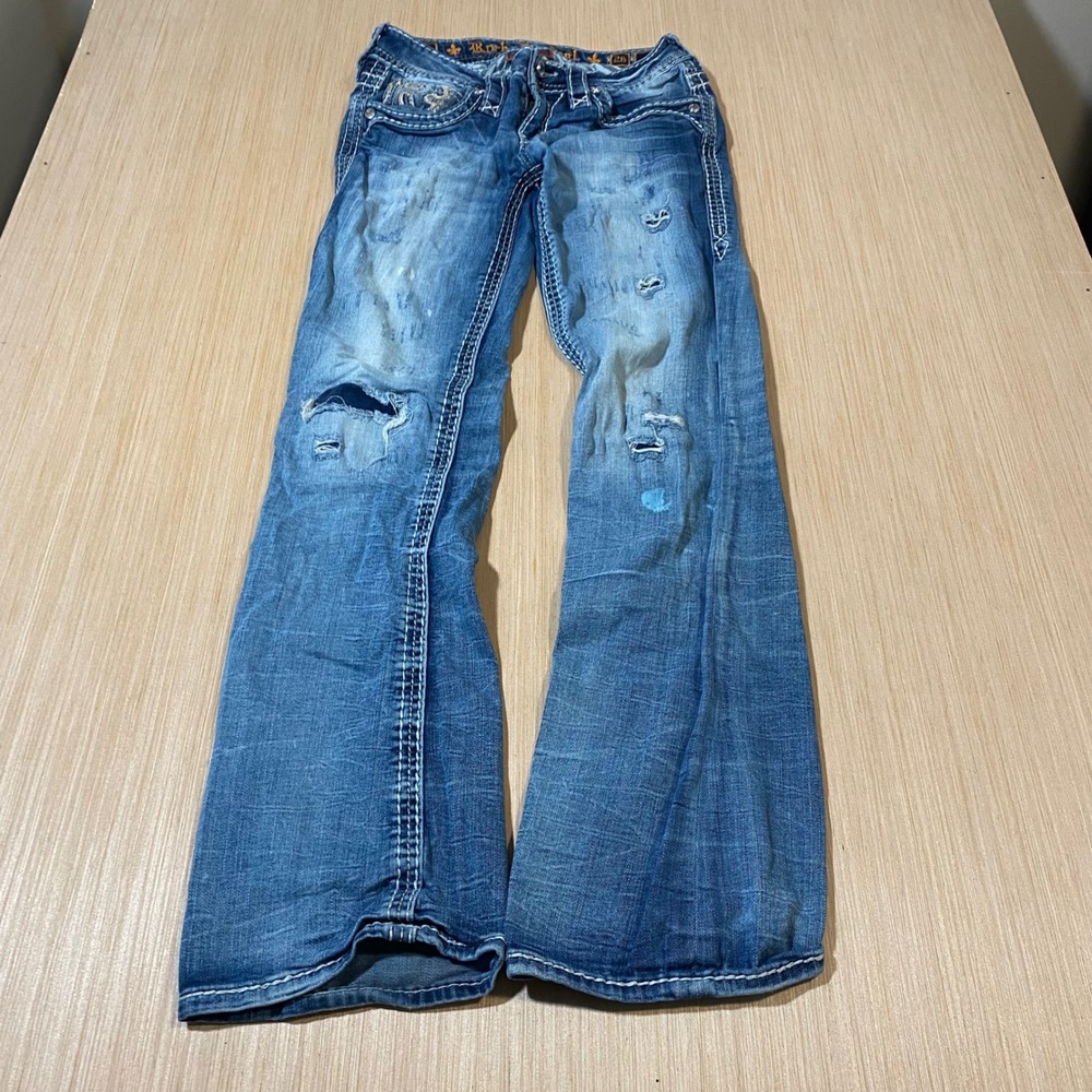Rock Revival Sundee Bootcut Jeans Womens 26 Blue Distressed Low Rise Embellished